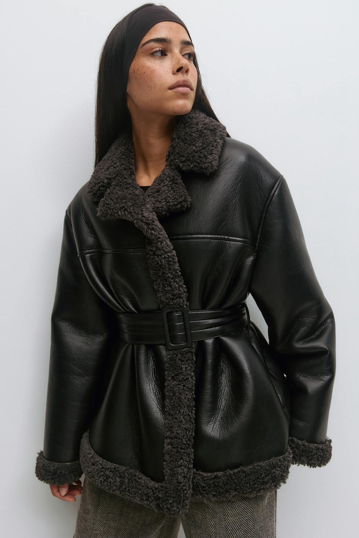 Teddy pu belted jacket