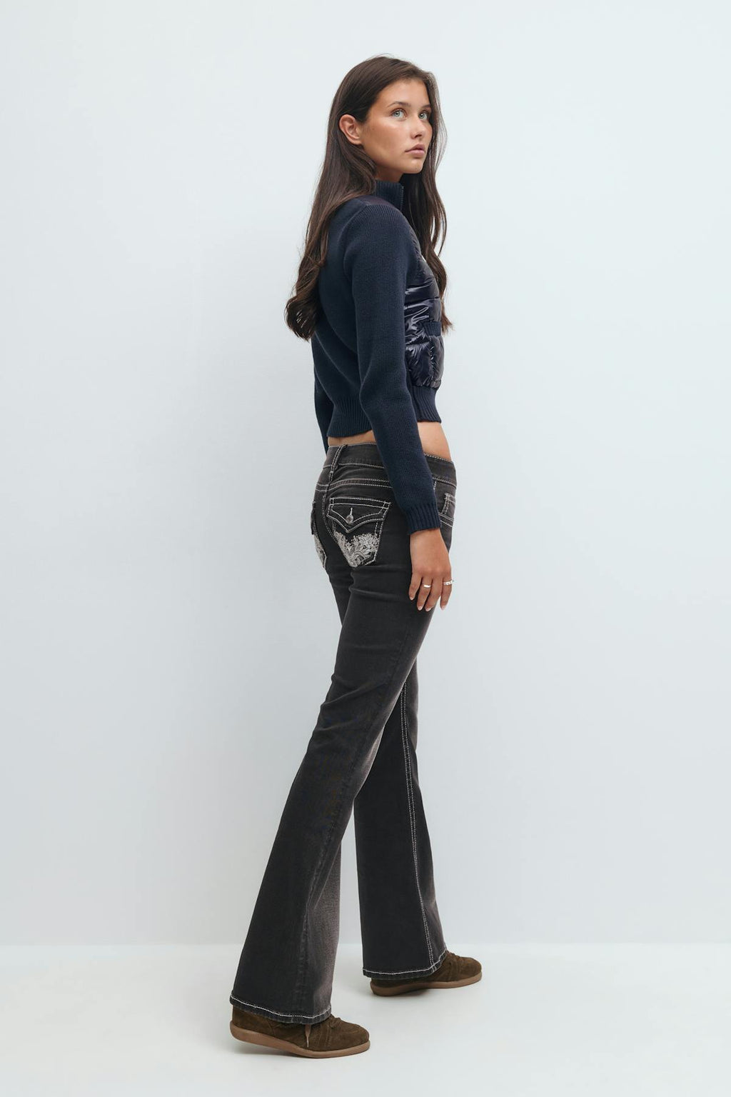 Decorated low flare jeans