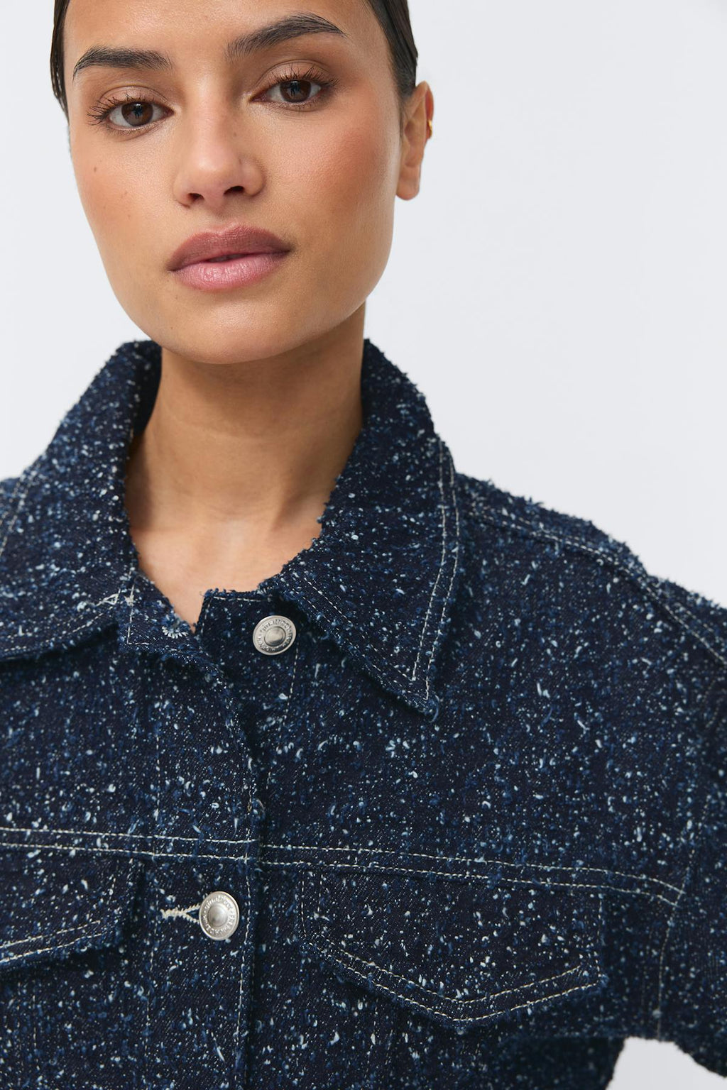 Peplum boucle denim jacket