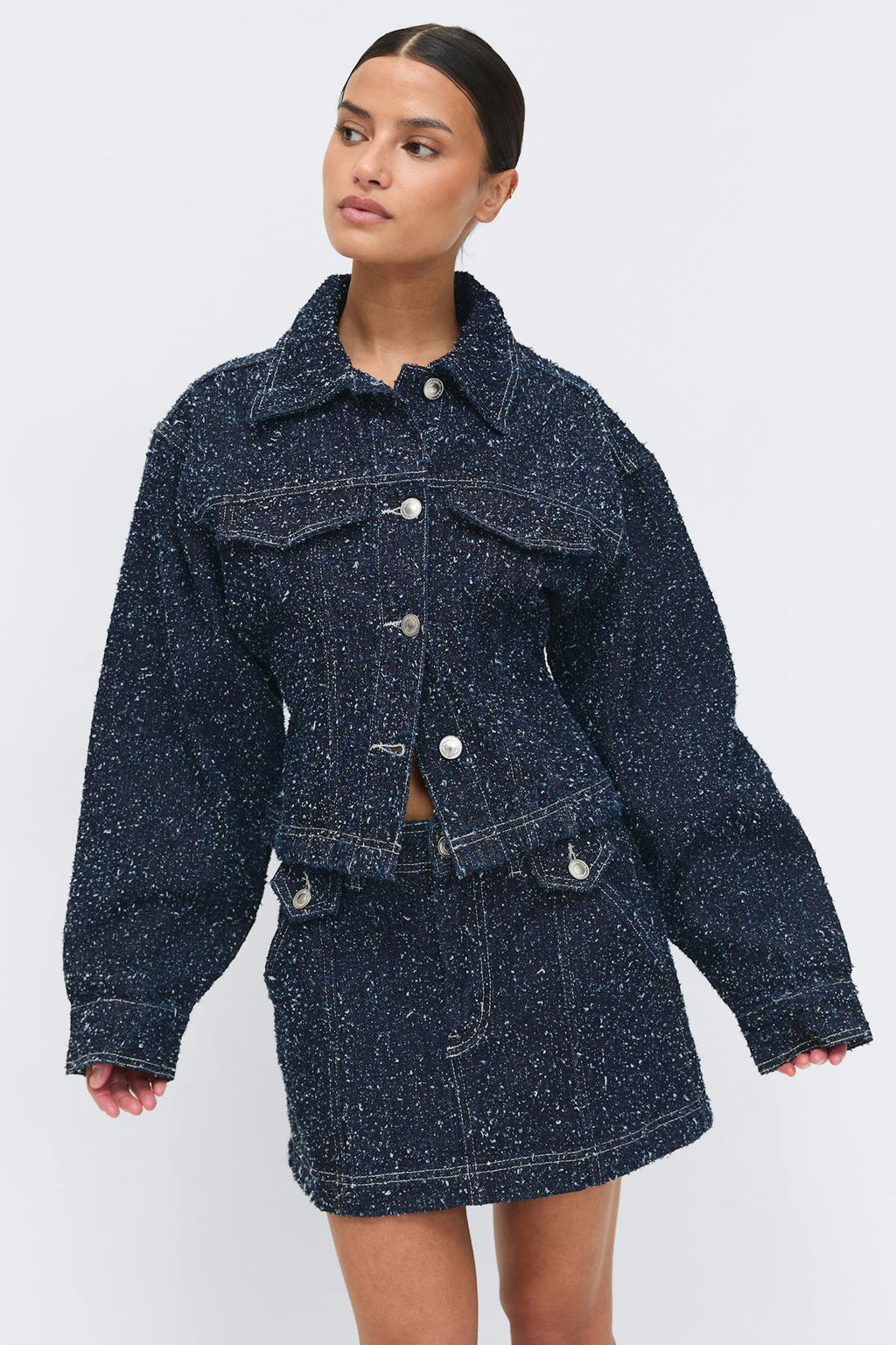 Peplum boucle denim jacket