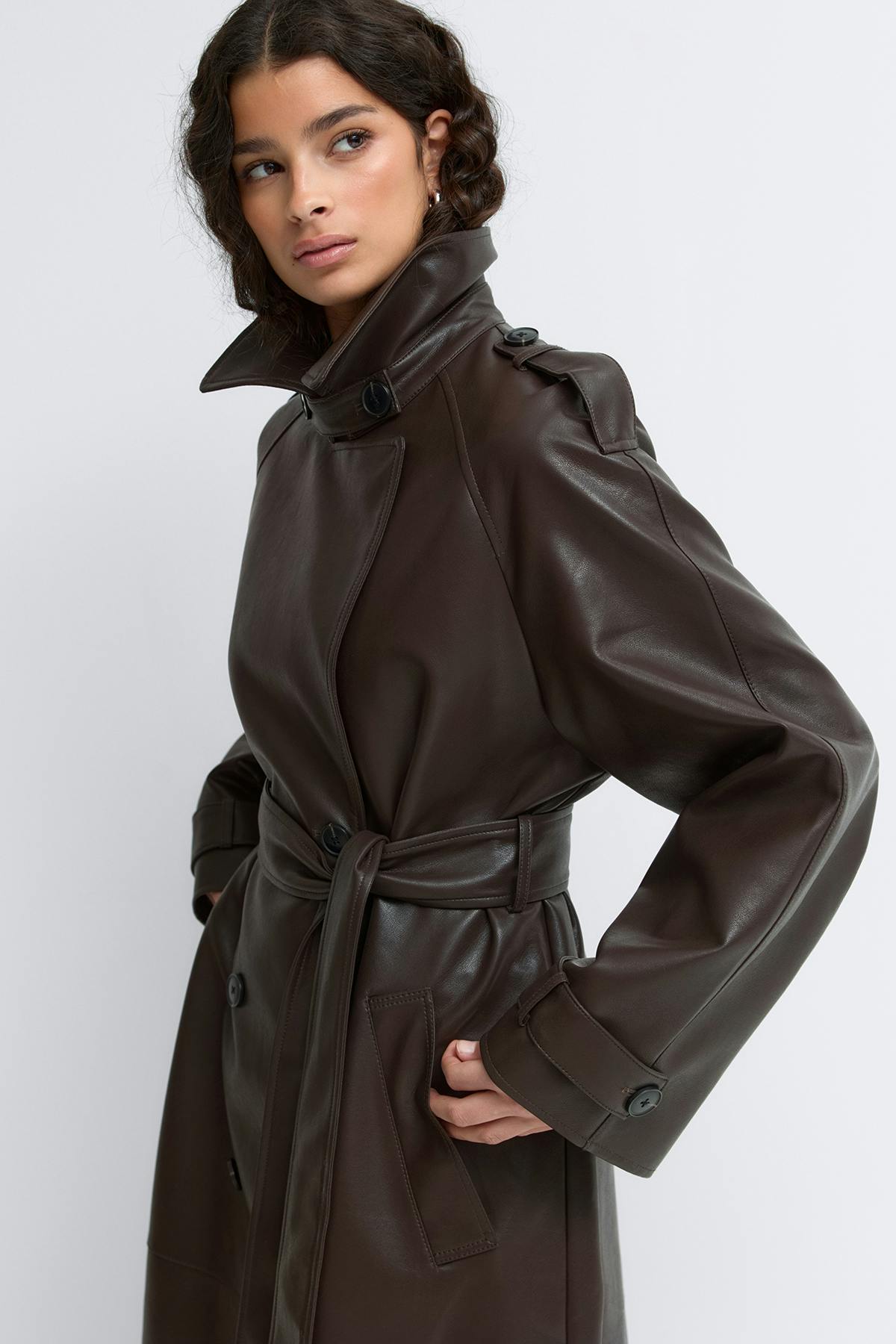 Belted pu trench coat
