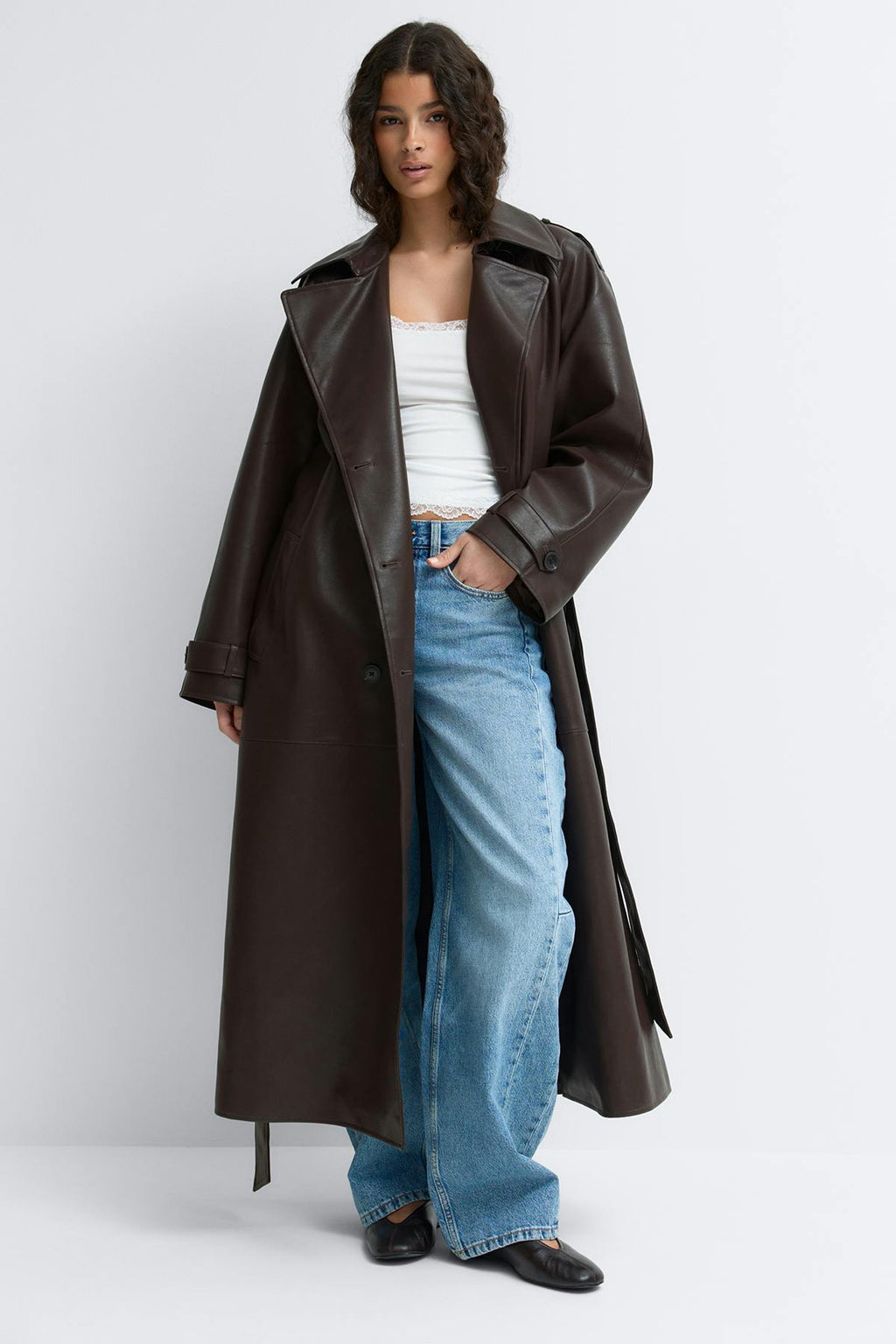 Belted pu trench coat