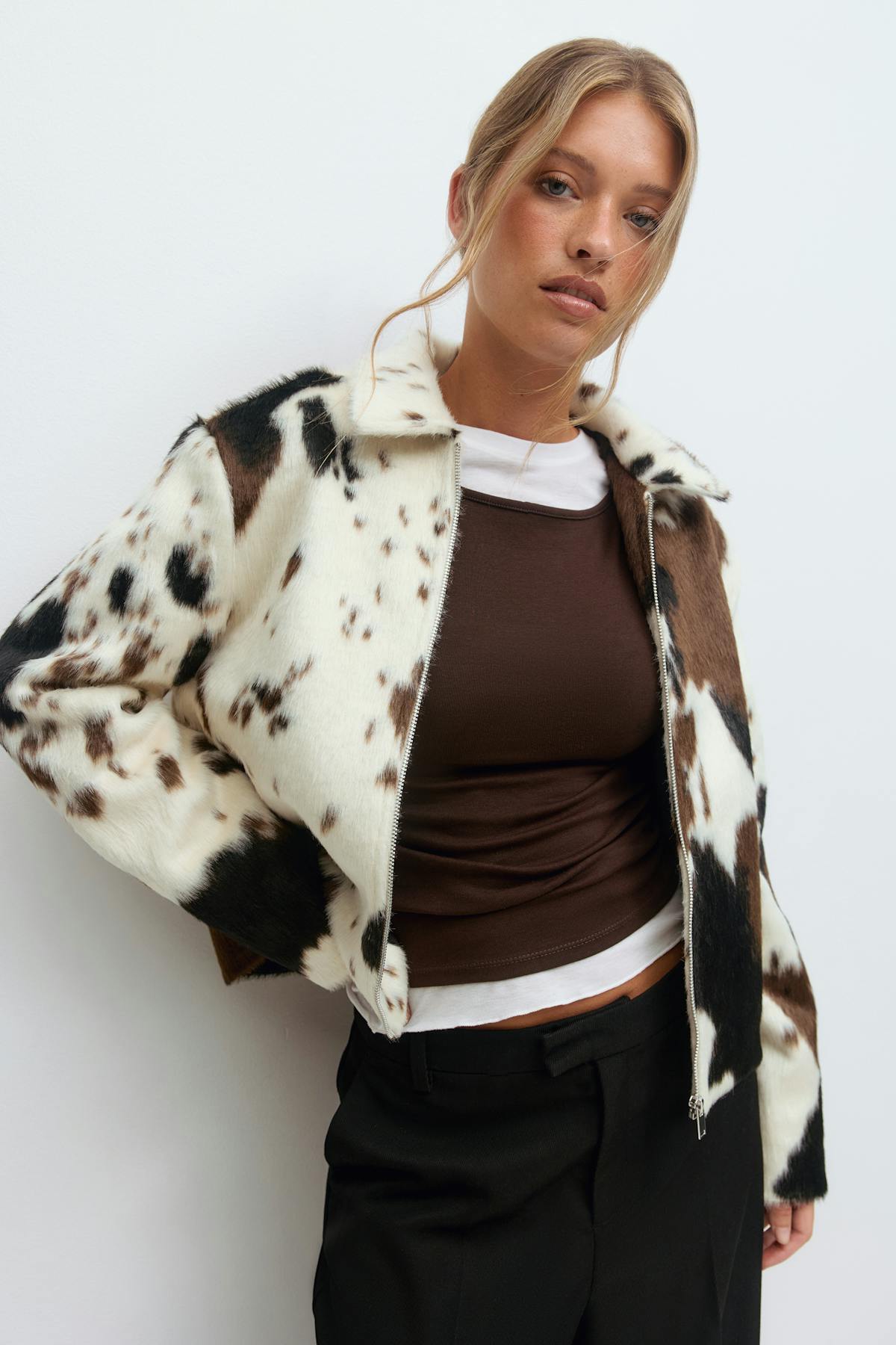 Faux fur cow print jacket