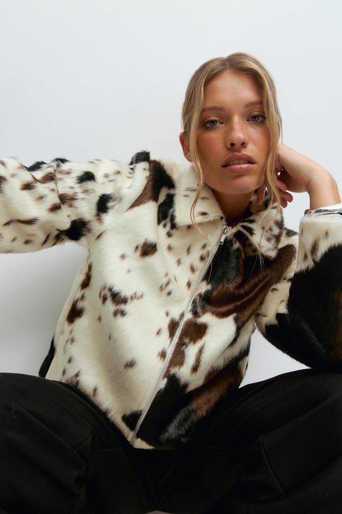 Faux fur cow print jacket