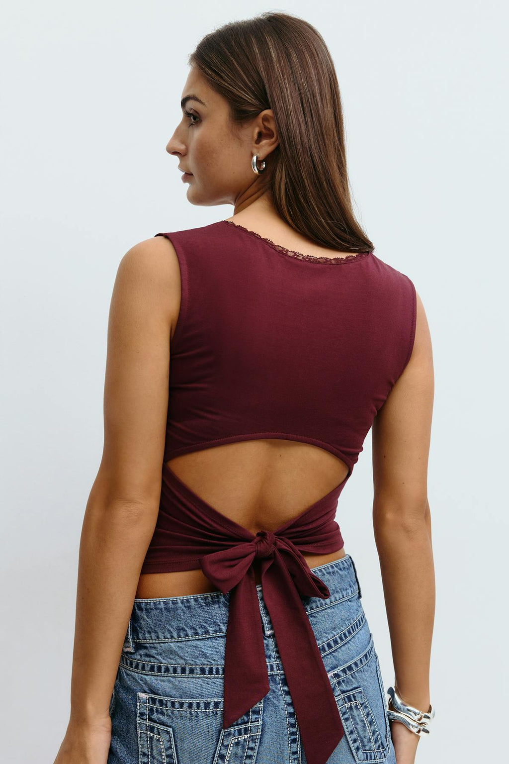 14+ lace open back top