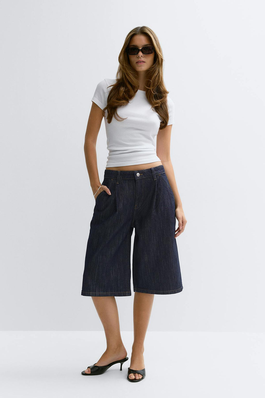 Tailored long denim shorts