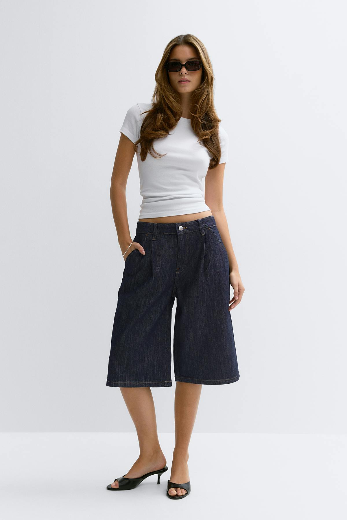 Tailored long denim shorts