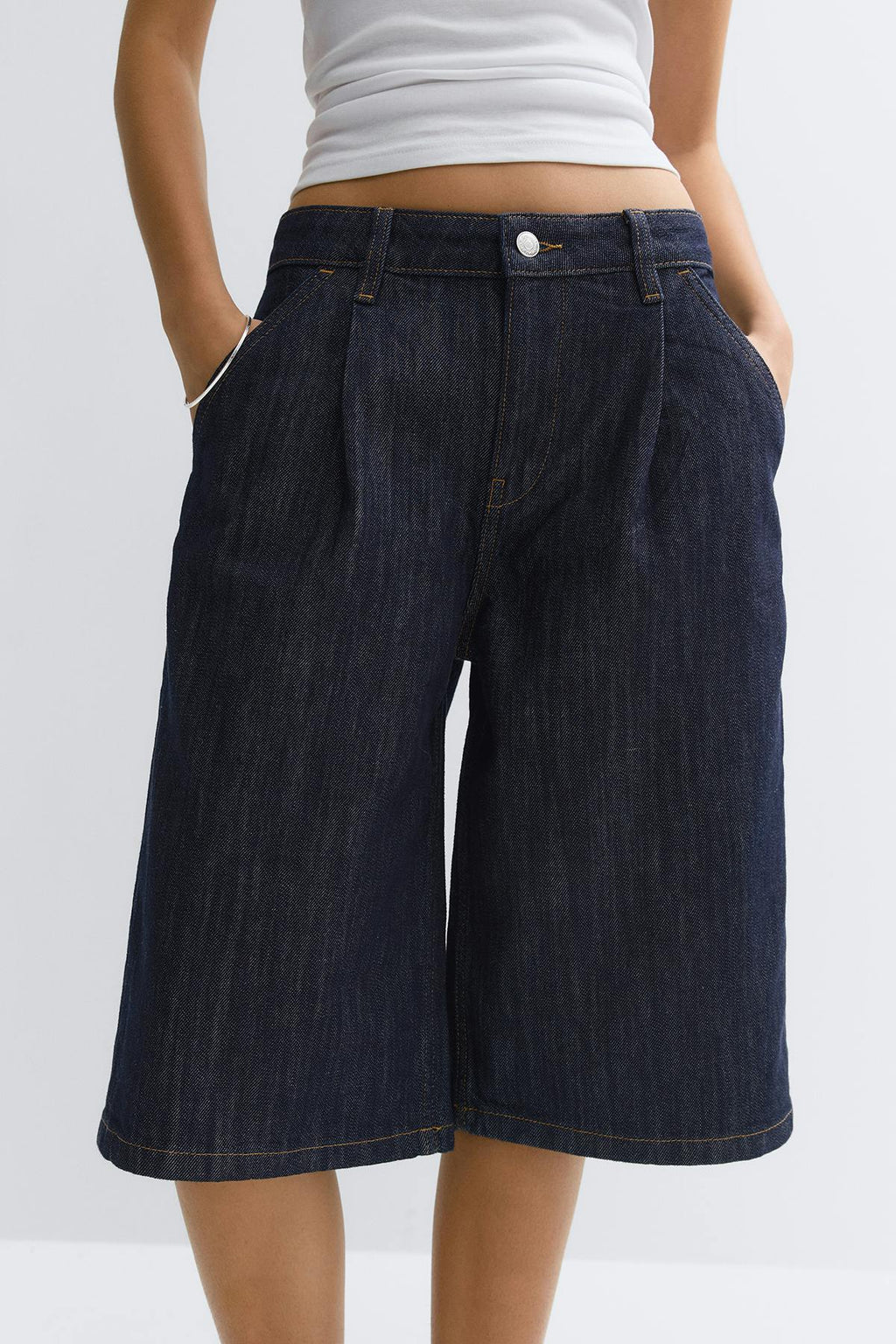 Tailored long denim shorts