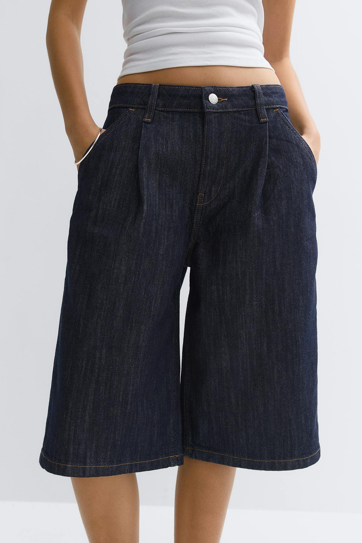 Tailored long denim shorts
