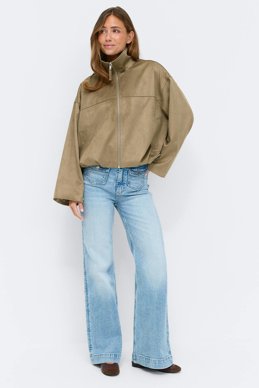 Faux suede high neck jacket