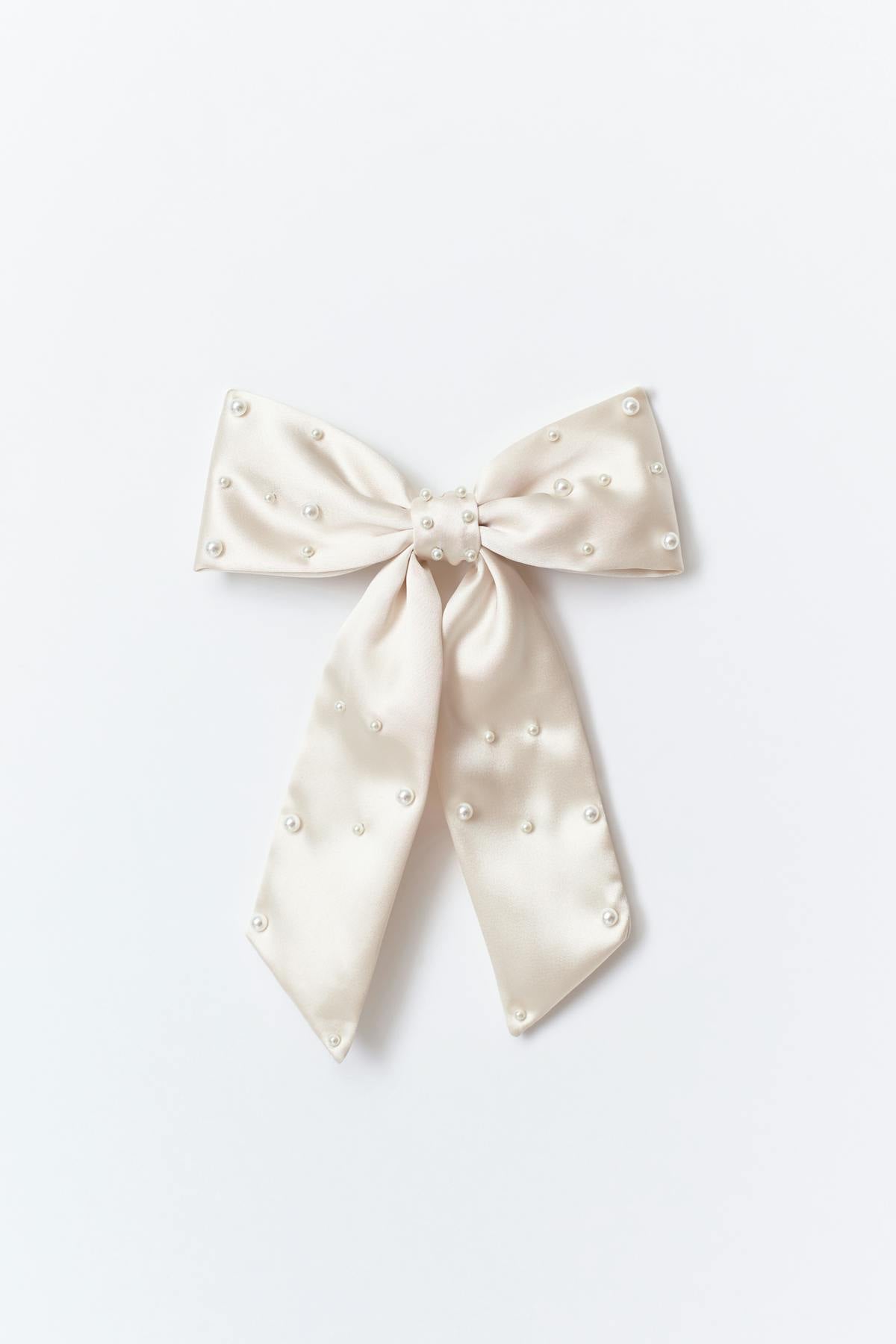 Satin pearl bow hair clip