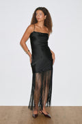 Fringe satin maxi dress