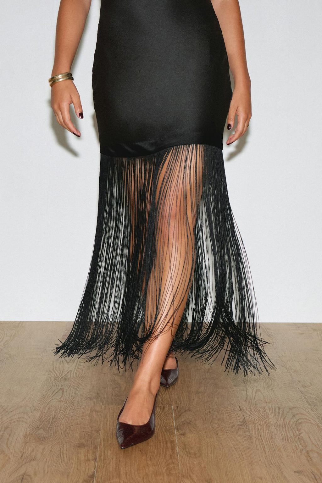 Fringe satin maxi dress