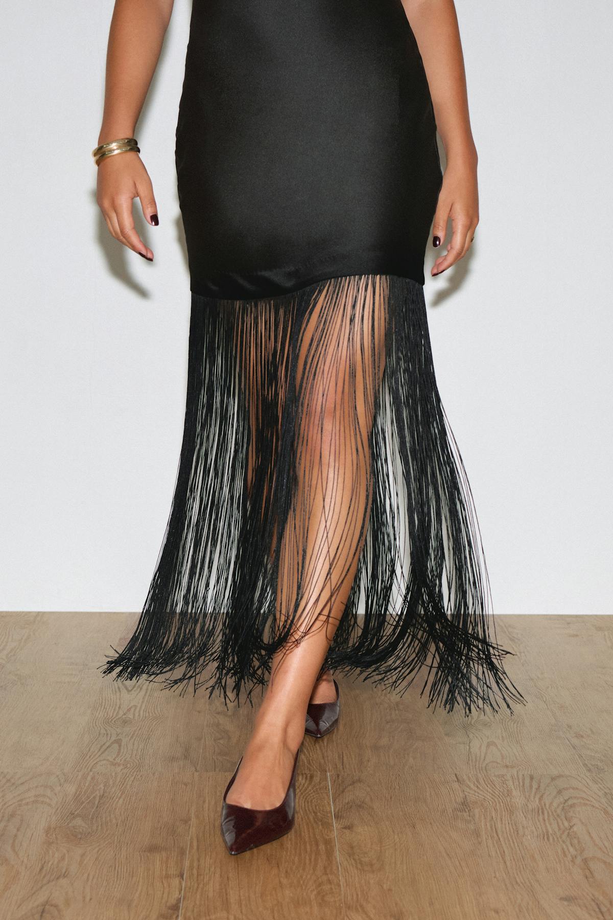 Fringe satin maxi dress