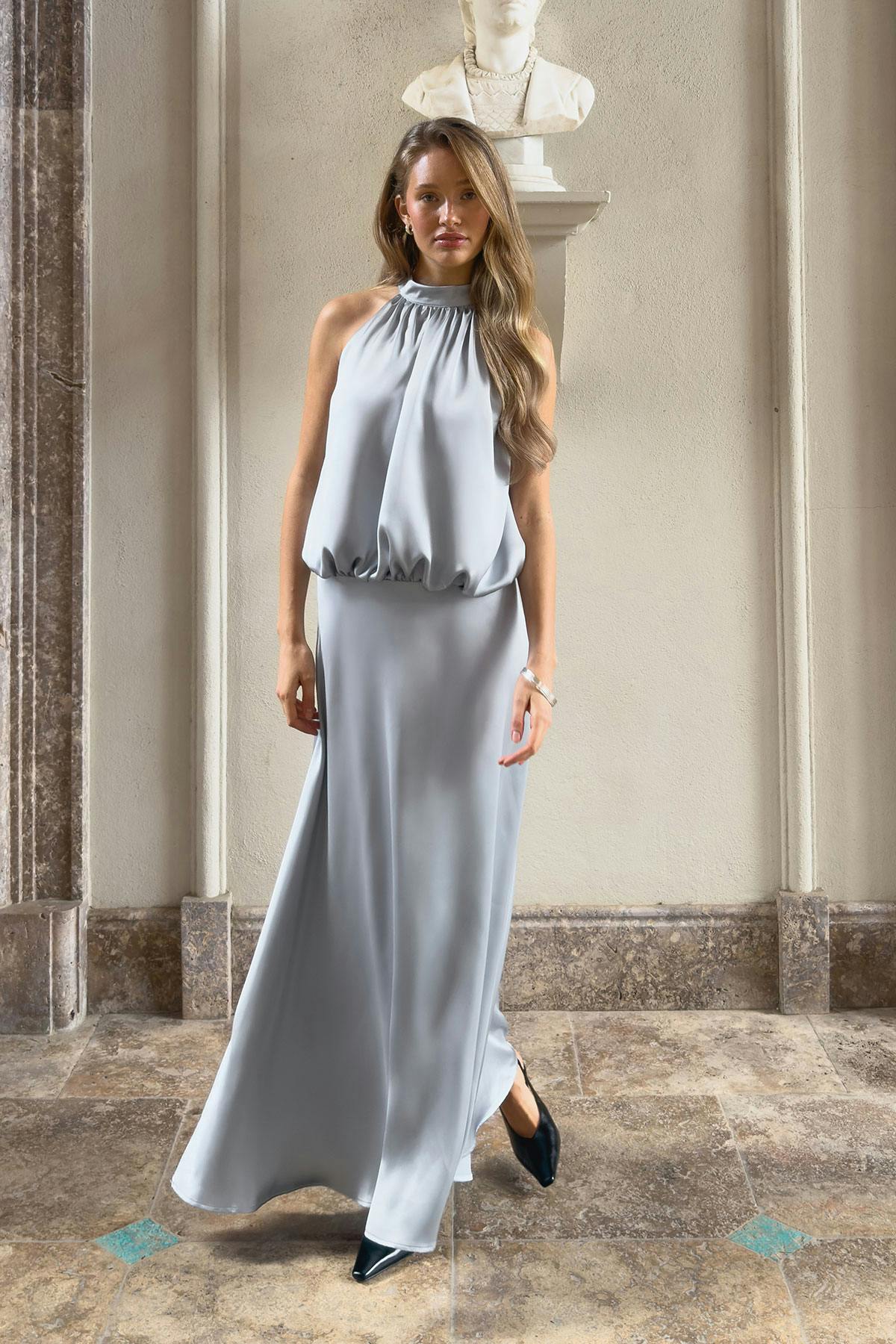 Satin halterneck maxi dress