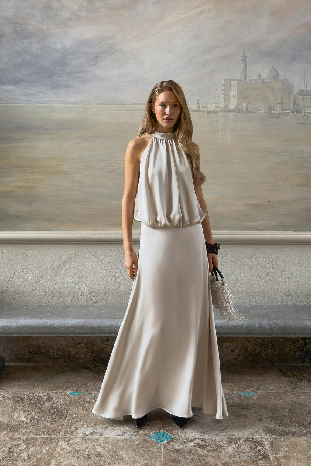 Satin halterneck maxi dress