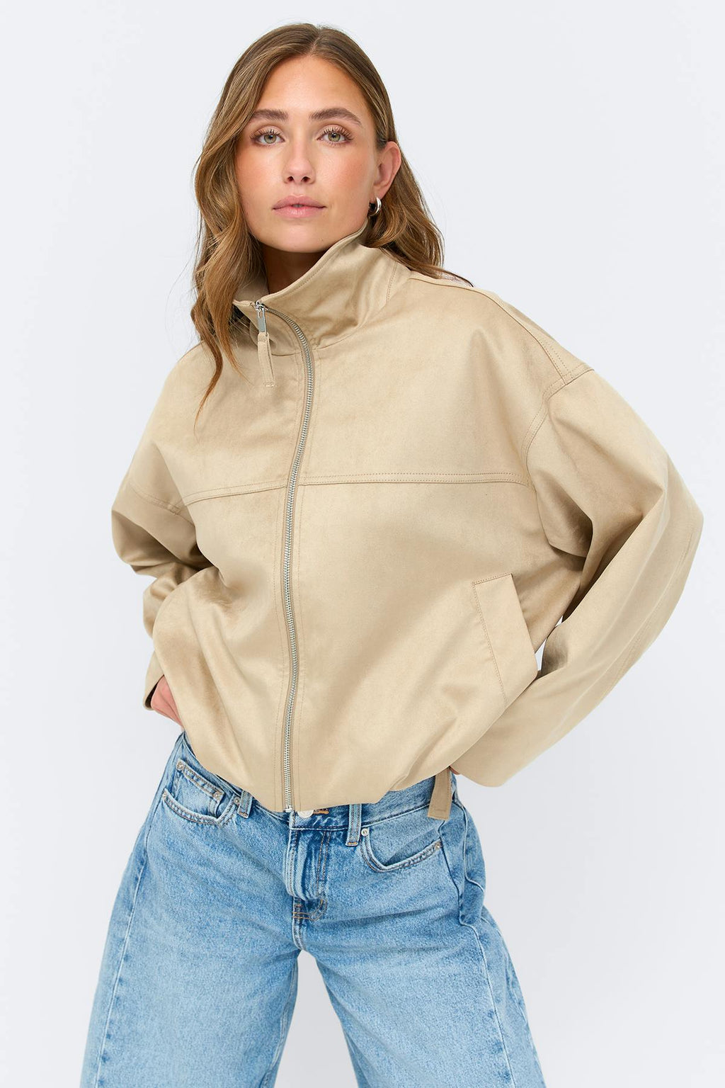 Faux suede high neck jacket