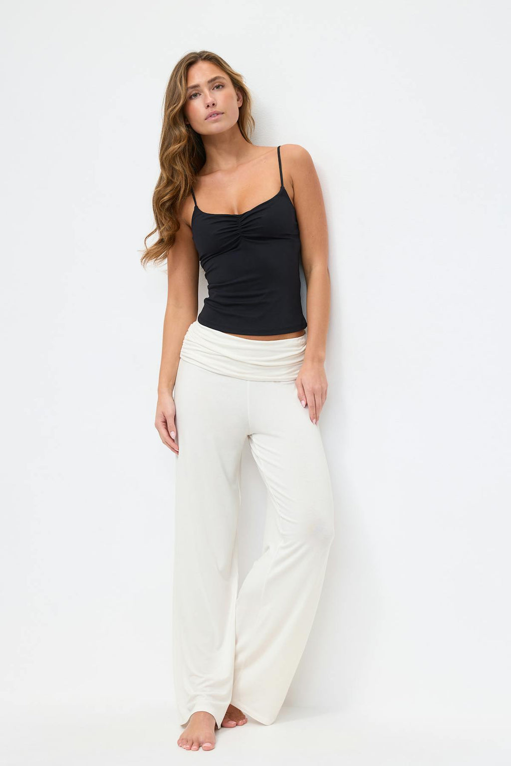 Folded wide yoga trousers