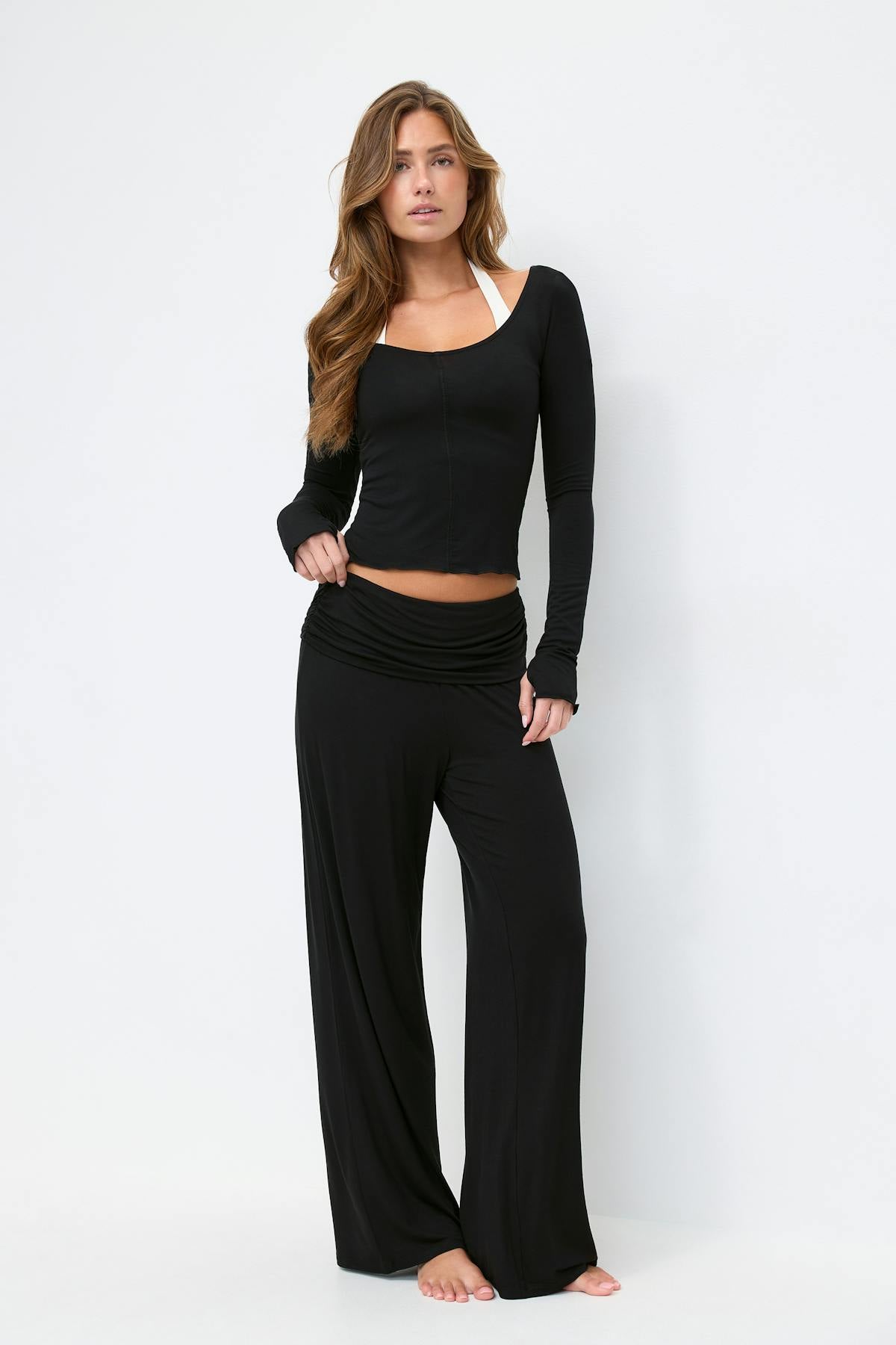 Folded wide yoga trousers