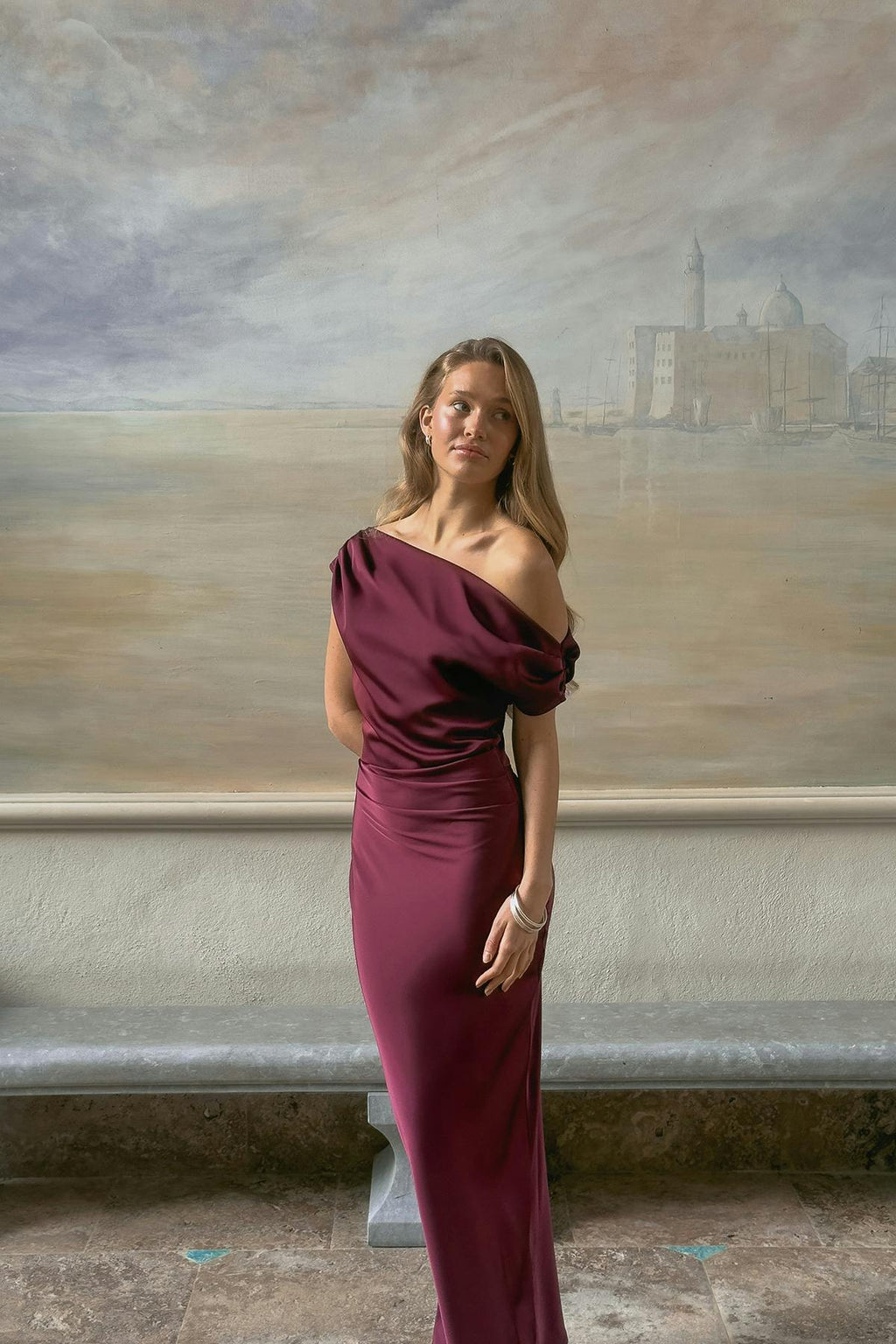 Draped satin maxi dress