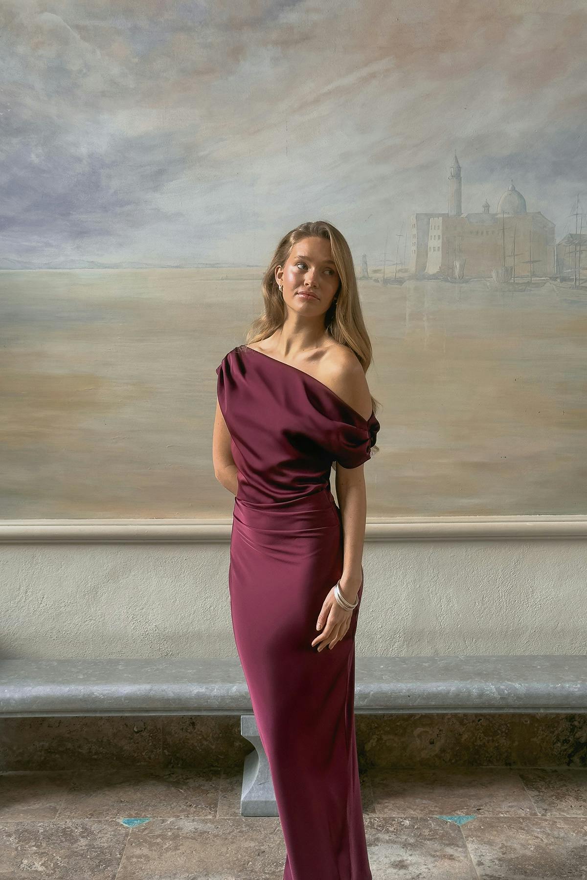 Draped satin maxi dress