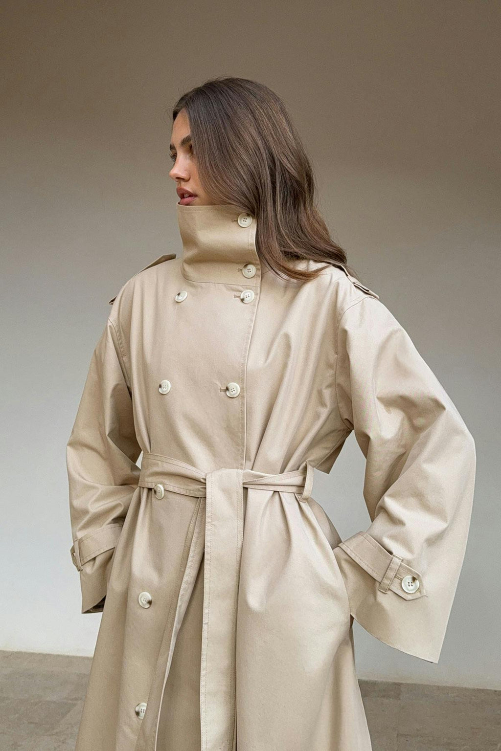 High neck cotton trench coat