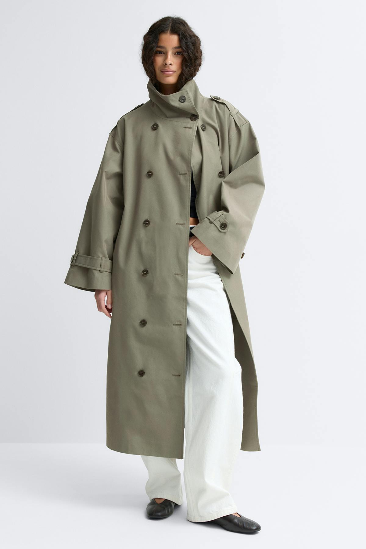 High neck cotton trench coat