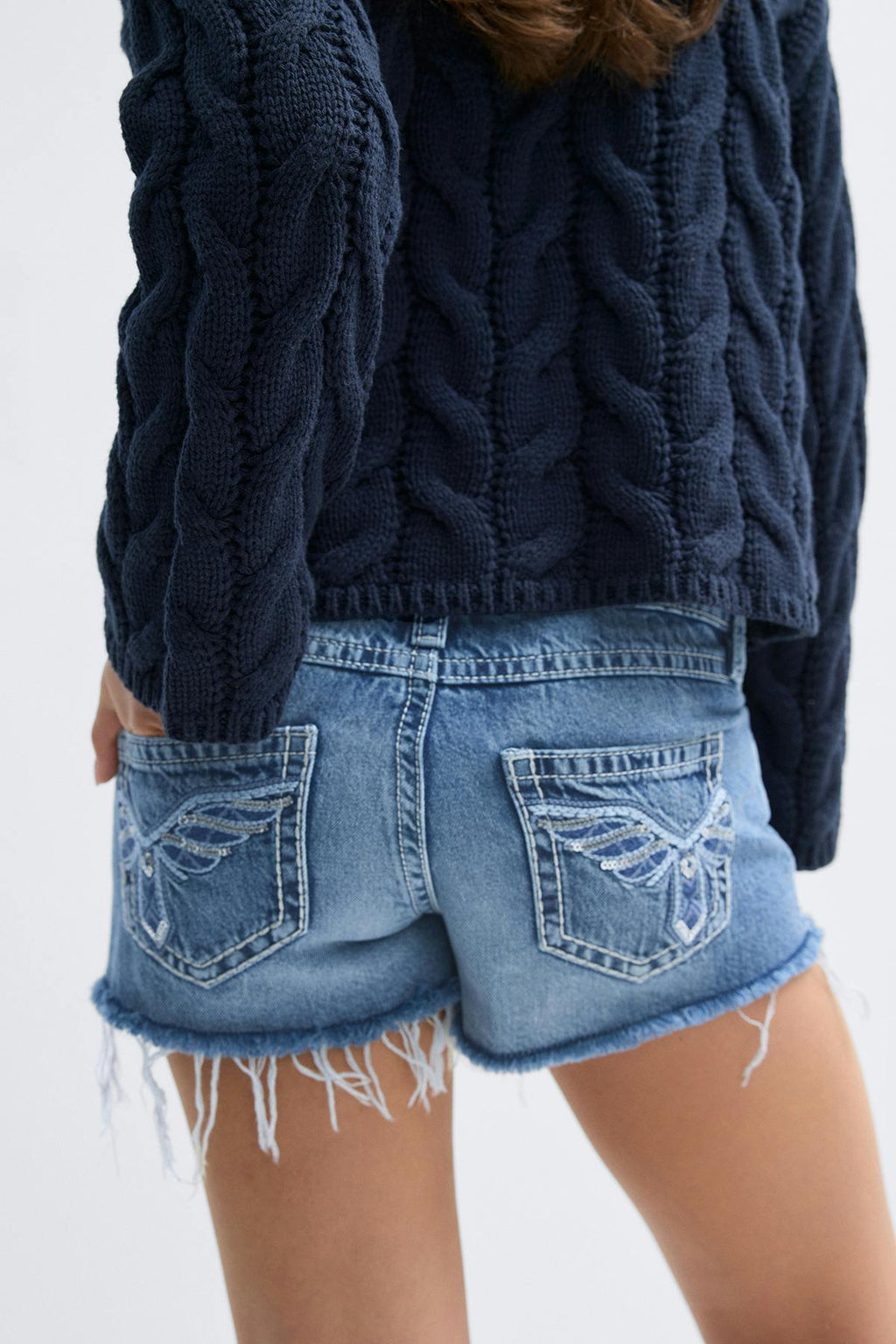 Y sparkle low denim shorts