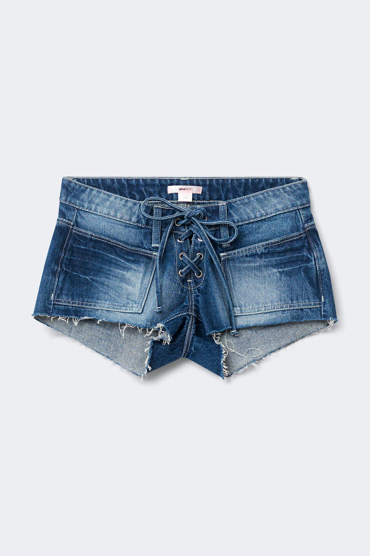 14+ low tie denim shorts