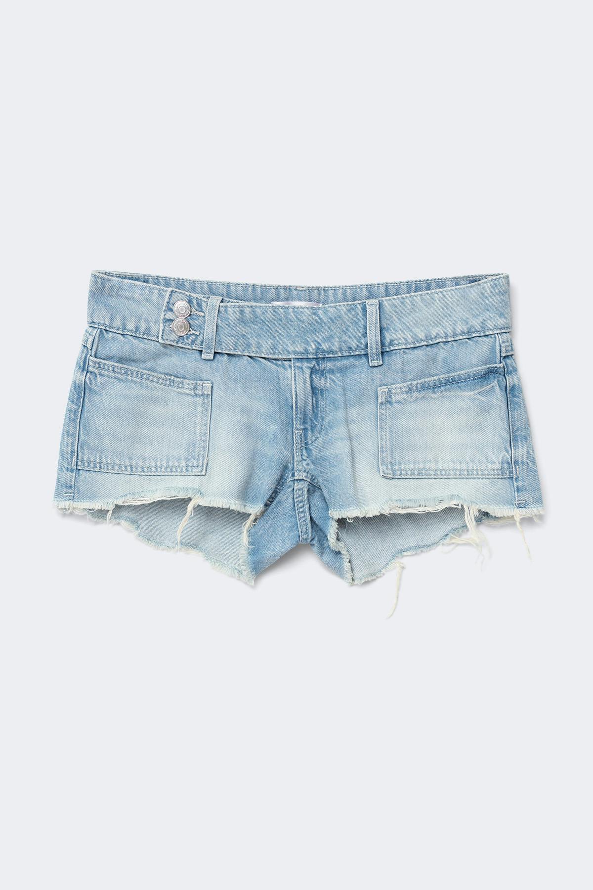 14+ pleated low denim shorts