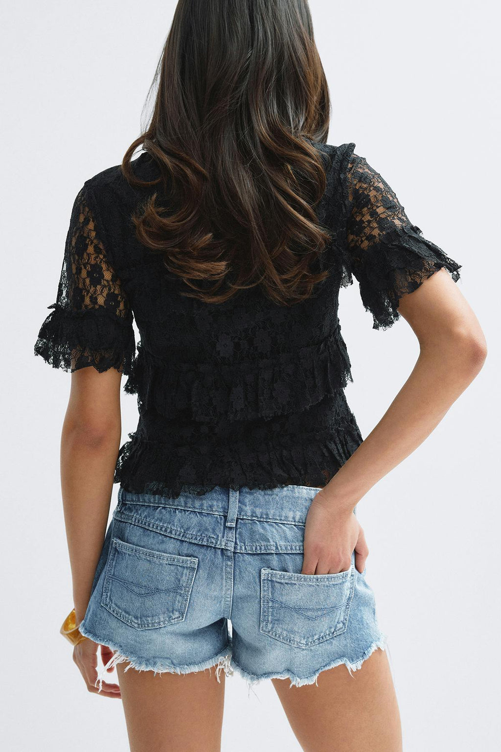 14+ pleated low denim shorts