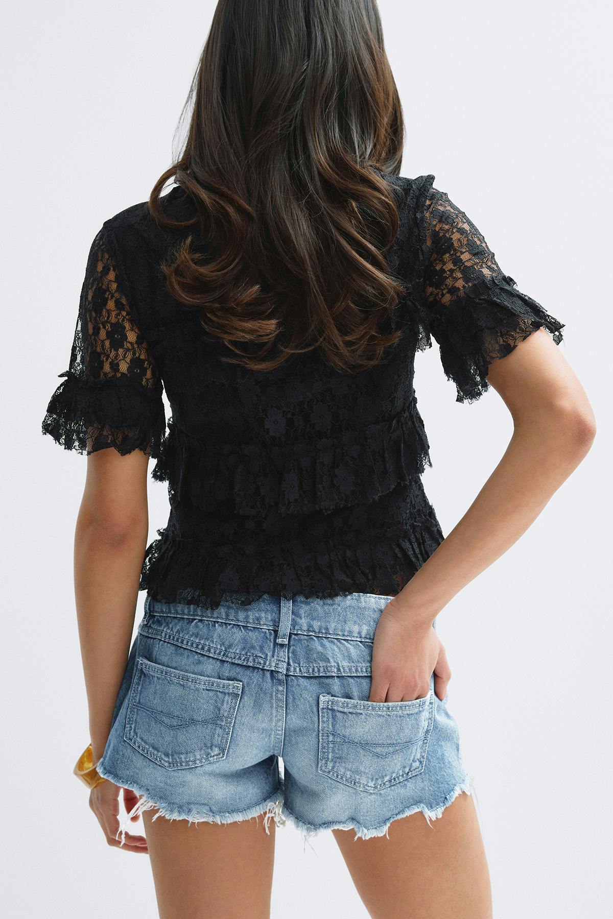 14+ pleated low denim shorts