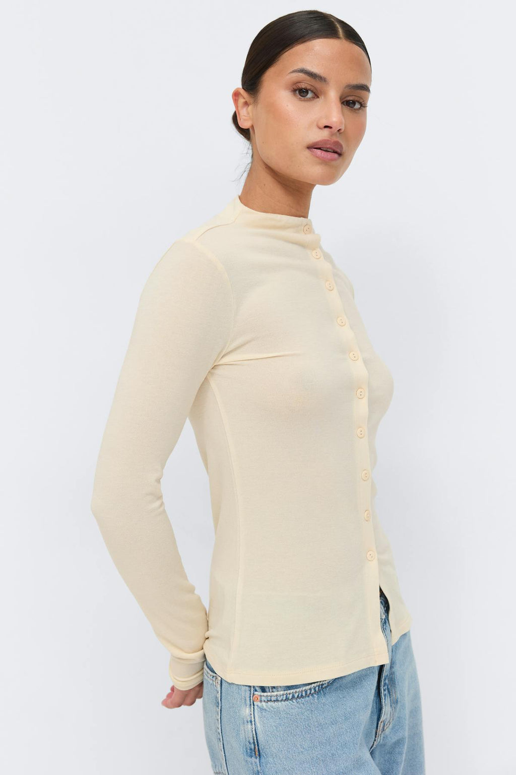 Button down funnel neck top