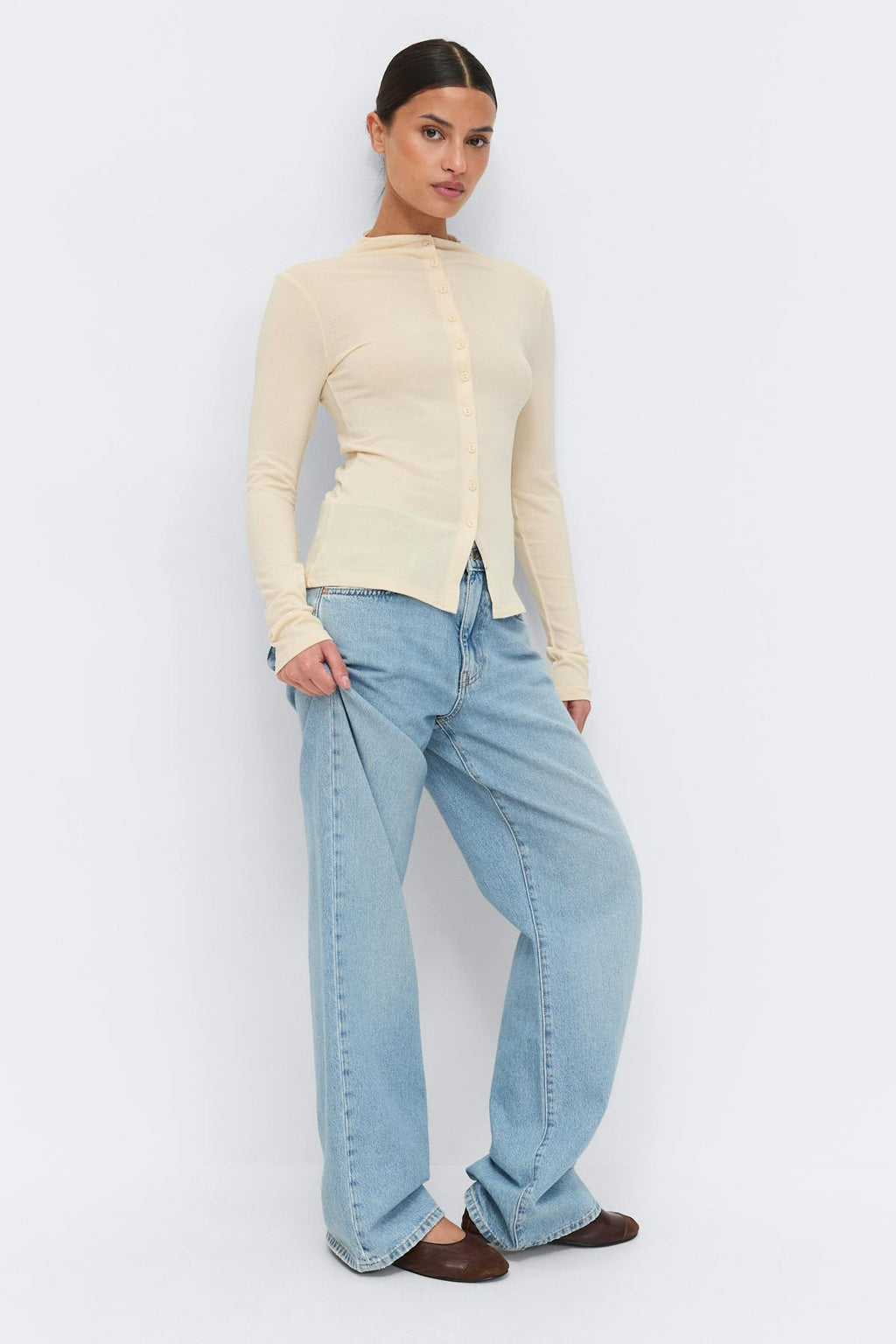 Button down funnel neck top