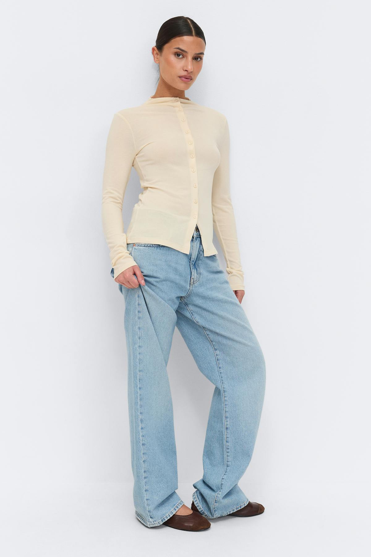 Button down funnel neck top