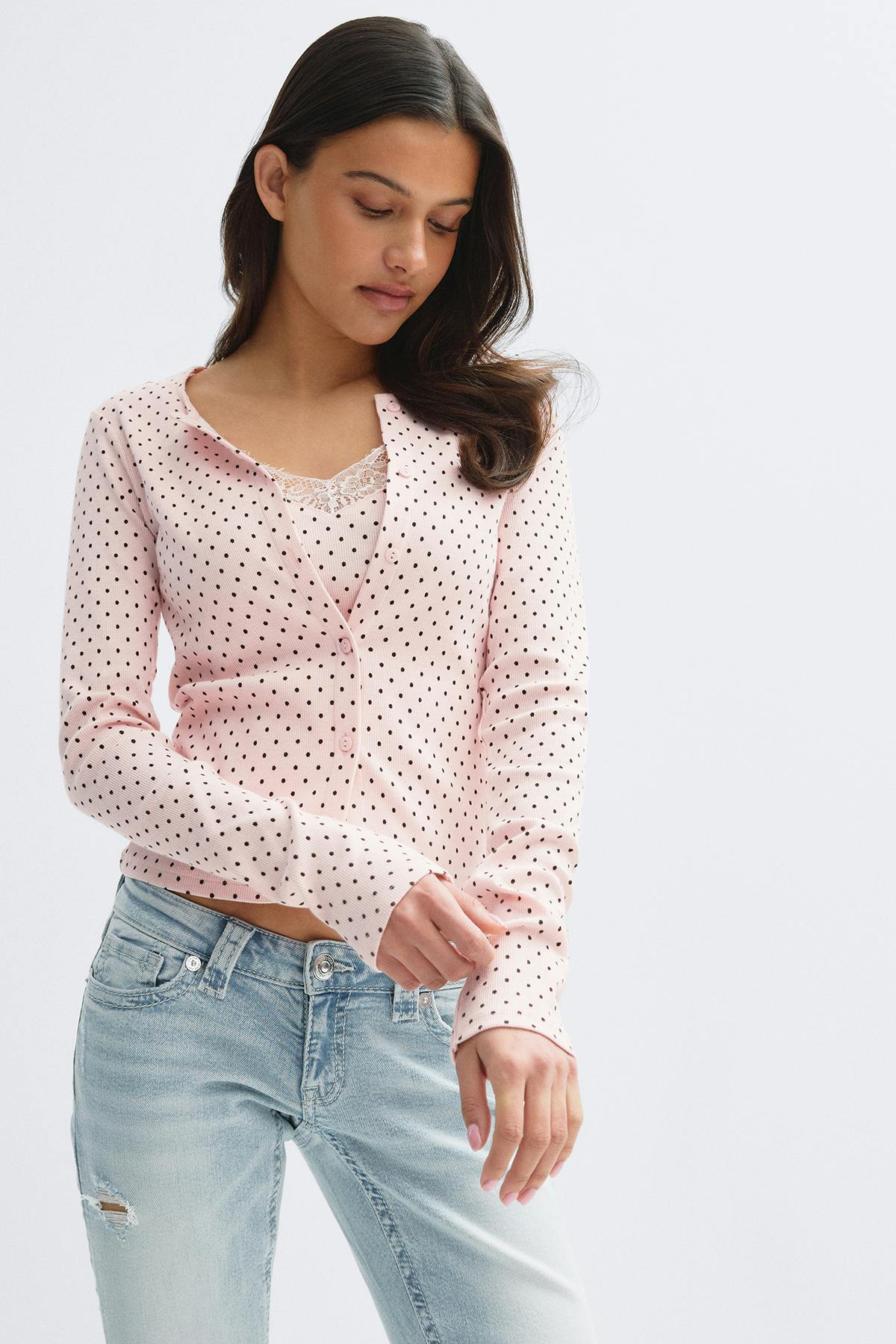 14+ 2 in 1 lace rib cardigan