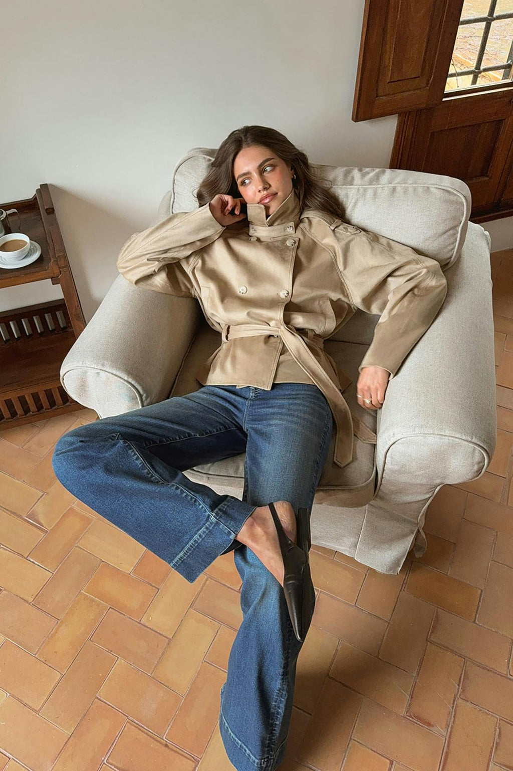 Faux suede belted jacket