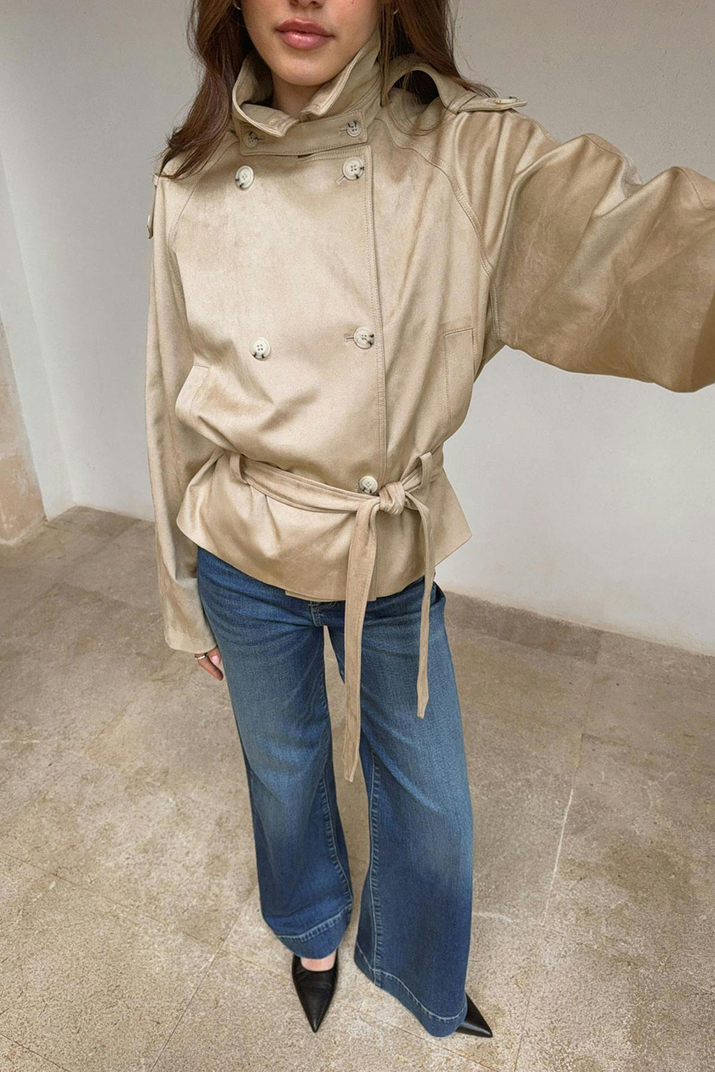 Faux suede belted jacket