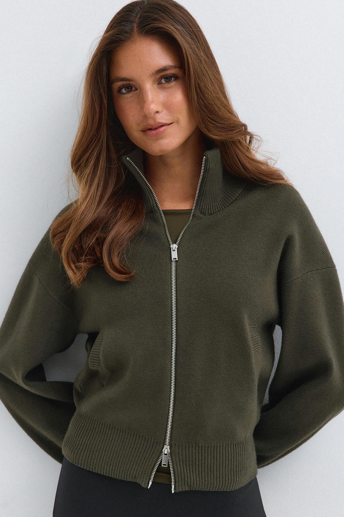 Knitted zip bomber cardigan