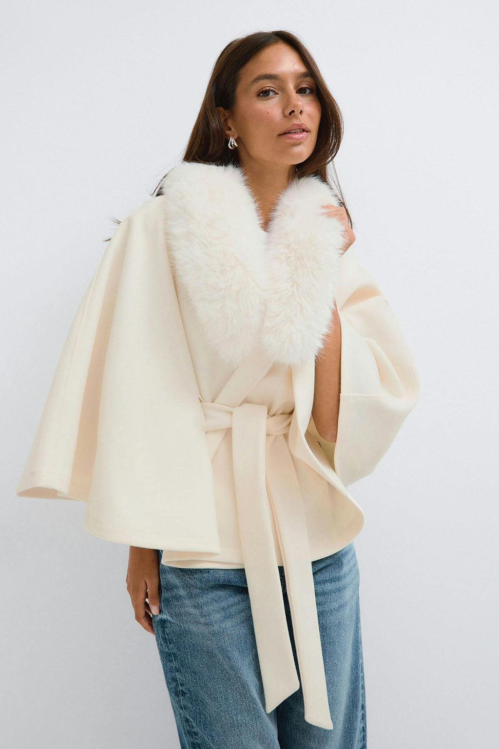 Faux fur collar cape jacket