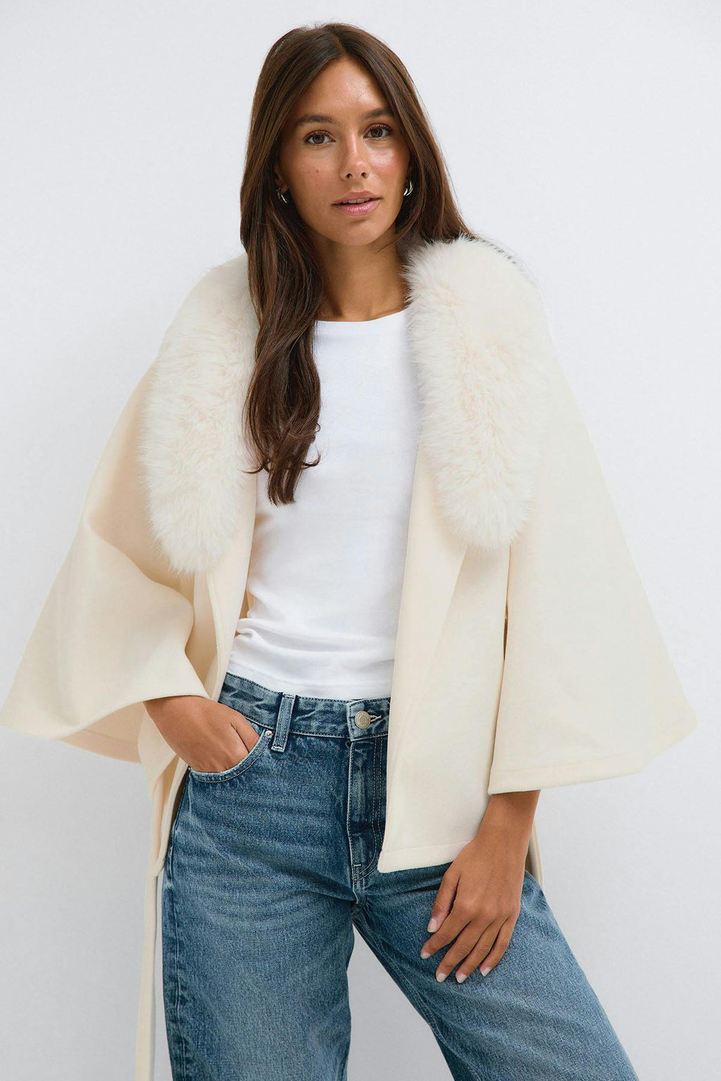 Faux fur collar cape jacket