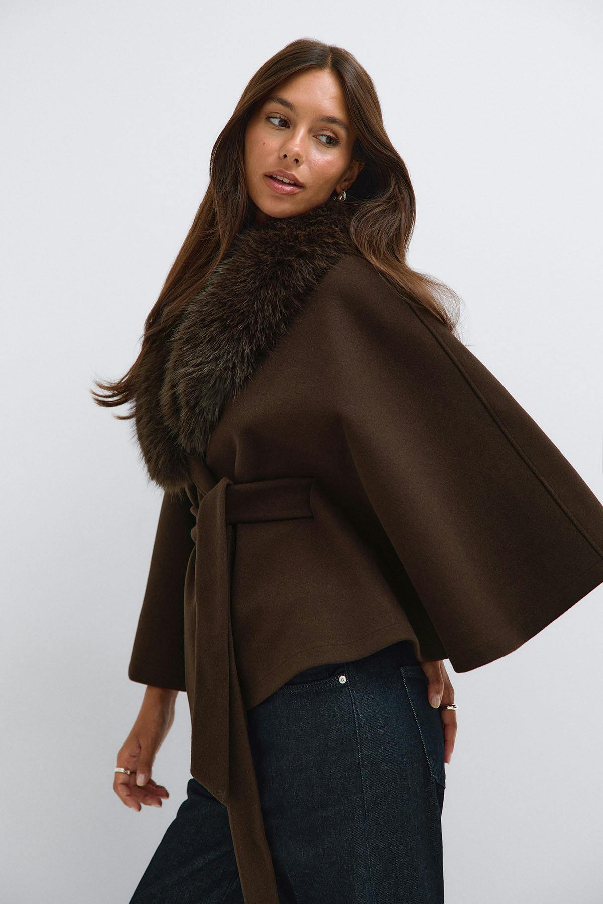 Faux fur collar cape jacket