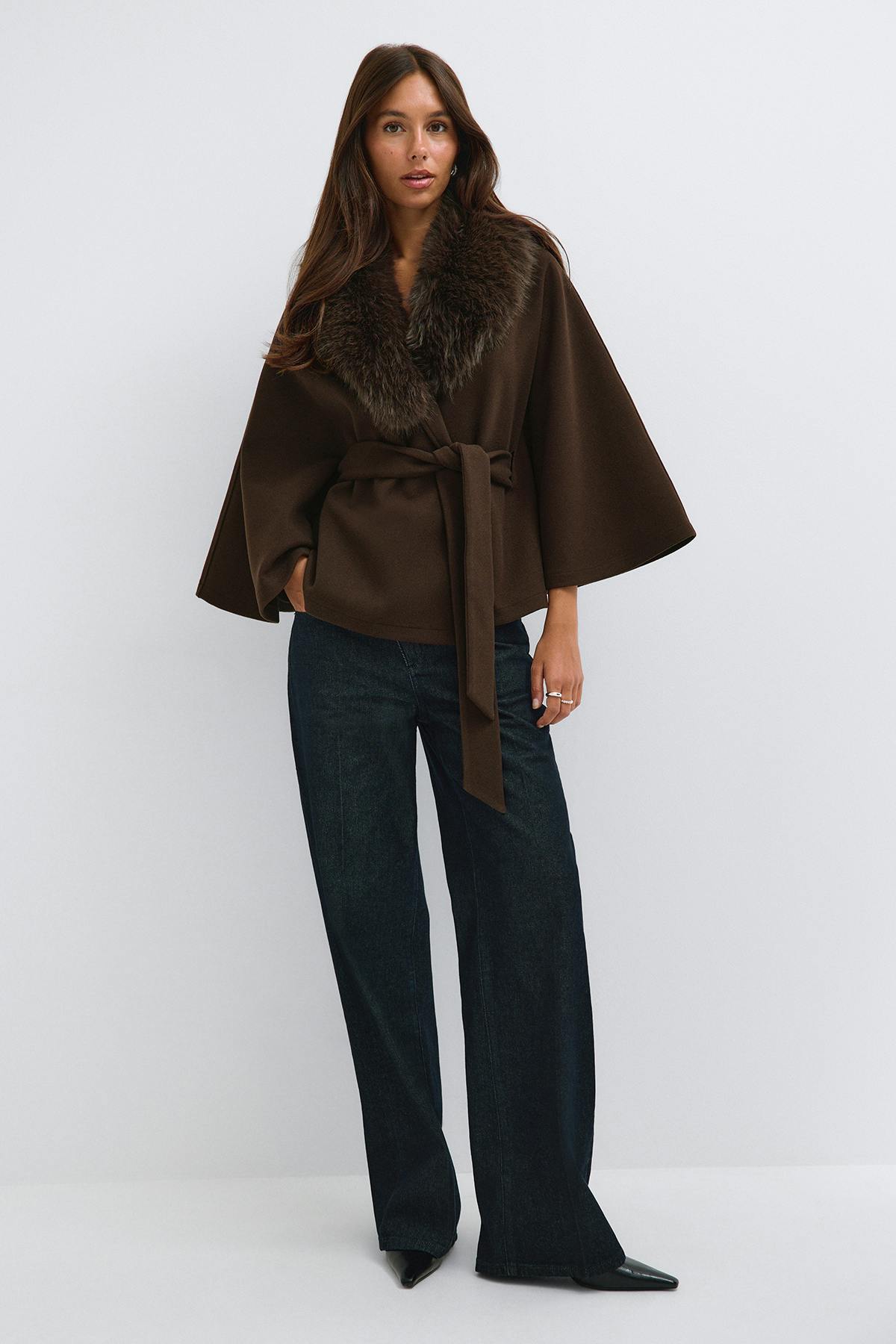 Faux fur collar cape jacket