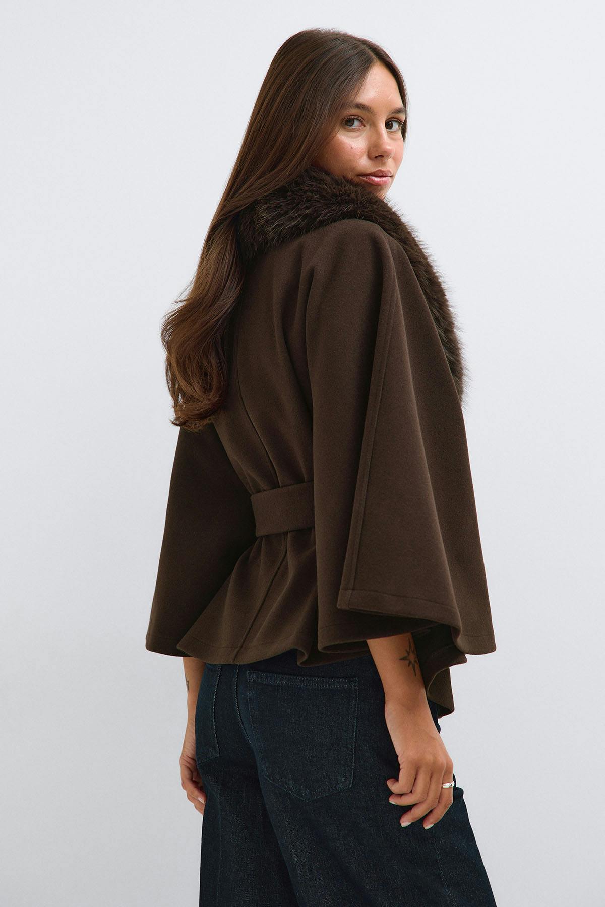 Faux fur collar cape jacket