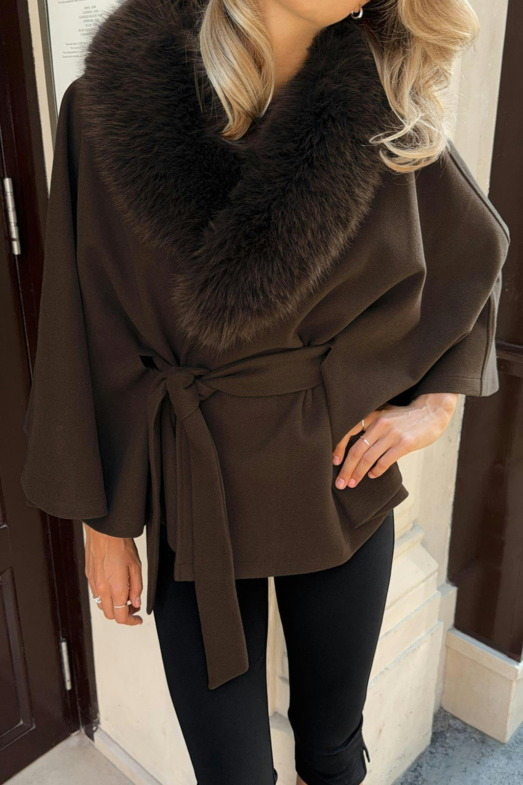 Faux fur collar cape jacket