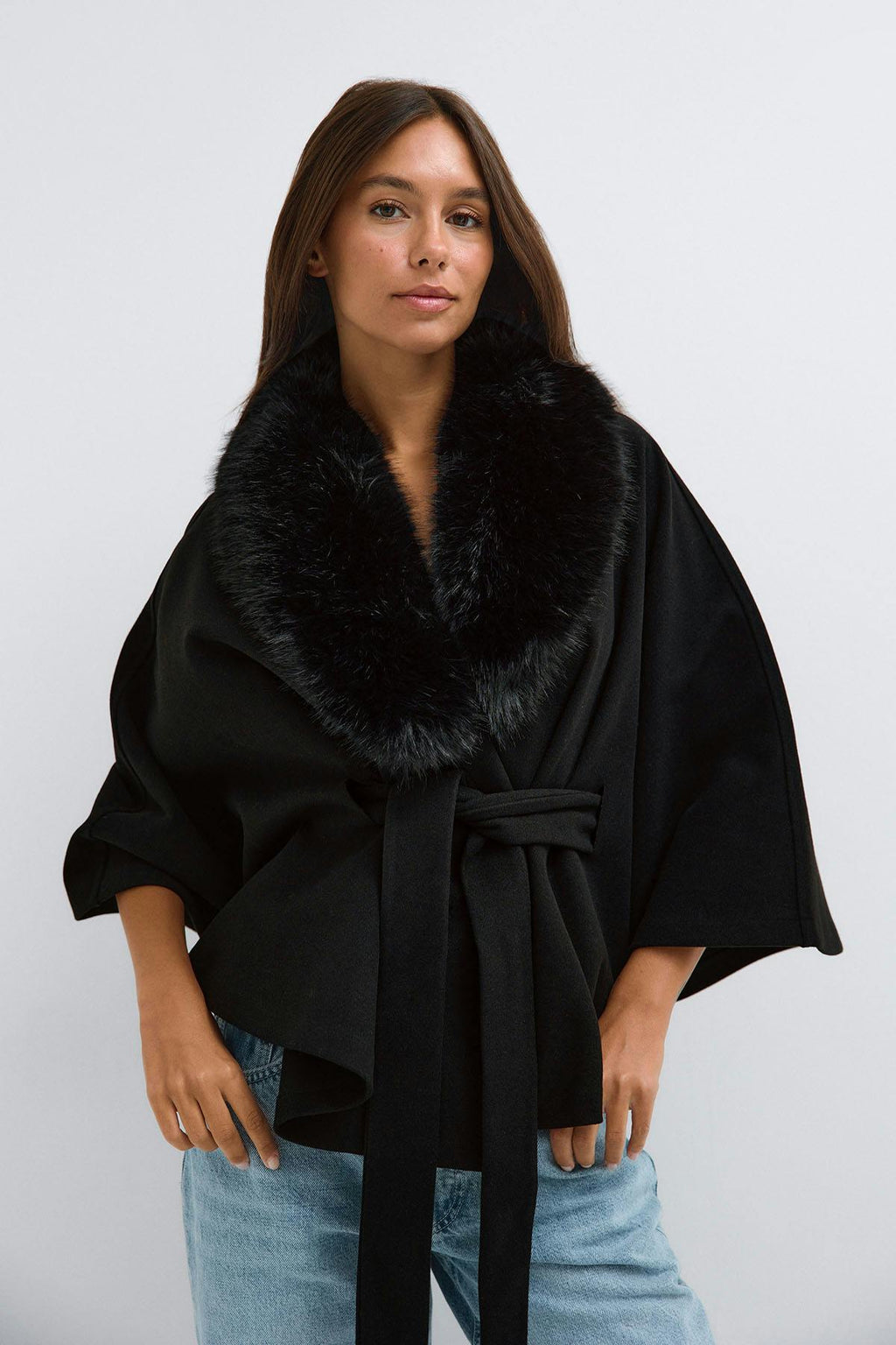 Faux fur collar cape jacket