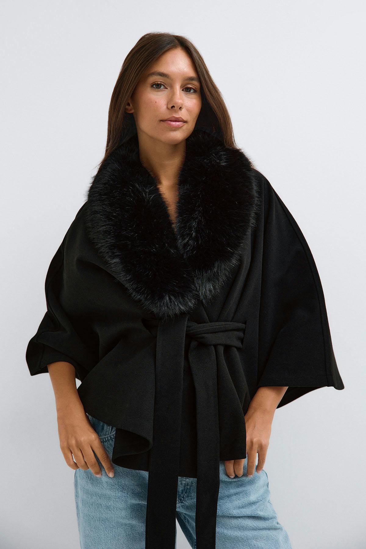 Faux fur collar cape jacket