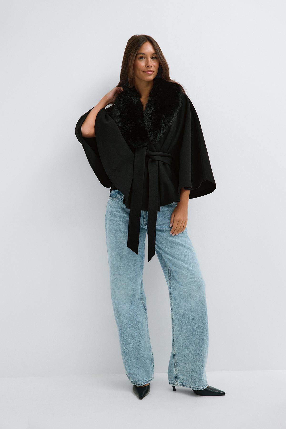 Faux fur collar cape jacket