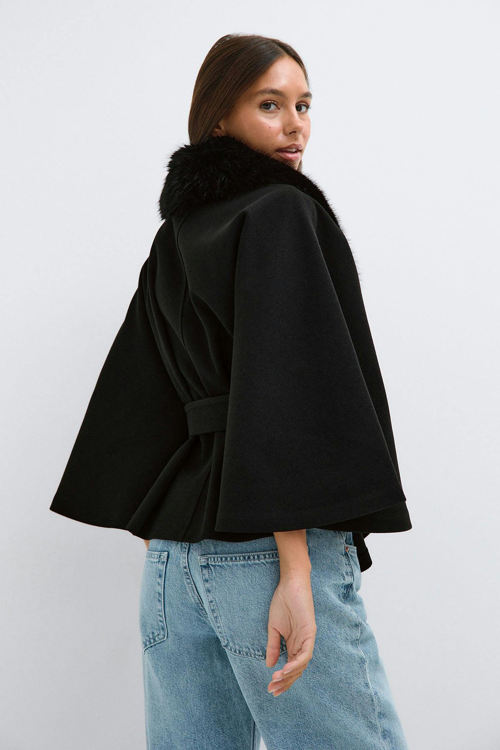 Faux fur collar cape jacket