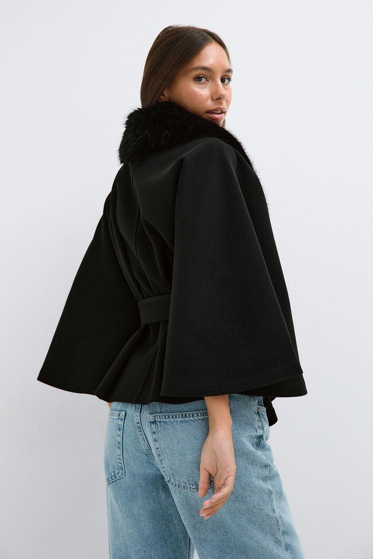 Faux fur collar cape jacket